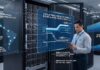 Intel impulsa redes empresariales con los nuevos adaptadores Ethernet E835 de hasta 200GbE Ilustración conceptual de un centro de datos moderno que muestra a un ingeniero de telecomunicaciones de perfil de tres cuartos interactuando con una tableta frente a un rack de servidores Dell. El especialista viste una camisa formal gris claro con el logotipo de Intel en el pecho y un gafete corporativo azul. Superpuestas en el aire, se aprecian pantallas holográficas transparentes con gráficos e indicadores técnicos en color azul brillante. La pantalla izquierda muestra un mapa de América Latina titulado "LATAM Nearshore: Mercado US$54B (2026)"; la central detalla diagramas de flujo de datos titulados "ESCALA PARA CARGAS DE TRABAJO, DESDE LA NUBE HASTA EL EDGE"; y la derecha presenta una gráfica de crecimiento de infraestructura titulada "CRECIMIENTO GLOBAL DE GCC".