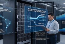 Intel impulsa redes empresariales con los nuevos adaptadores Ethernet E835 de hasta 200GbE Ilustración conceptual de un centro de datos moderno que muestra a un ingeniero de telecomunicaciones de perfil de tres cuartos interactuando con una tableta frente a un rack de servidores Dell. El especialista viste una camisa formal gris claro con el logotipo de Intel en el pecho y un gafete corporativo azul. Superpuestas en el aire, se aprecian pantallas holográficas transparentes con gráficos e indicadores técnicos en color azul brillante. La pantalla izquierda muestra un mapa de América Latina titulado "LATAM Nearshore: Mercado US$54B (2026)"; la central detalla diagramas de flujo de datos titulados "ESCALA PARA CARGAS DE TRABAJO, DESDE LA NUBE HASTA EL EDGE"; y la derecha presenta una gráfica de crecimiento de infraestructura titulada "CRECIMIENTO GLOBAL DE GCC".