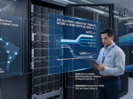 Intel impulsa redes empresariales con los nuevos adaptadores Ethernet E835 de hasta 200GbE Ilustración conceptual de un centro de datos moderno que muestra a un ingeniero de telecomunicaciones de perfil de tres cuartos interactuando con una tableta frente a un rack de servidores Dell. El especialista viste una camisa formal gris claro con el logotipo de Intel en el pecho y un gafete corporativo azul. Superpuestas en el aire, se aprecian pantallas holográficas transparentes con gráficos e indicadores técnicos en color azul brillante. La pantalla izquierda muestra un mapa de América Latina titulado "LATAM Nearshore: Mercado US$54B (2026)"; la central detalla diagramas de flujo de datos titulados "ESCALA PARA CARGAS DE TRABAJO, DESDE LA NUBE HASTA EL EDGE"; y la derecha presenta una gráfica de crecimiento de infraestructura titulada "CRECIMIENTO GLOBAL DE GCC".