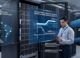 Intel impulsa redes empresariales con los nuevos adaptadores Ethernet E835 de hasta 200GbE Ilustración conceptual de un centro de datos moderno que muestra a un ingeniero de telecomunicaciones de perfil de tres cuartos interactuando con una tableta frente a un rack de servidores Dell. El especialista viste una camisa formal gris claro con el logotipo de Intel en el pecho y un gafete corporativo azul. Superpuestas en el aire, se aprecian pantallas holográficas transparentes con gráficos e indicadores técnicos en color azul brillante. La pantalla izquierda muestra un mapa de América Latina titulado "LATAM Nearshore: Mercado US$54B (2026)"; la central detalla diagramas de flujo de datos titulados "ESCALA PARA CARGAS DE TRABAJO, DESDE LA NUBE HASTA EL EDGE"; y la derecha presenta una gráfica de crecimiento de infraestructura titulada "CRECIMIENTO GLOBAL DE GCC".