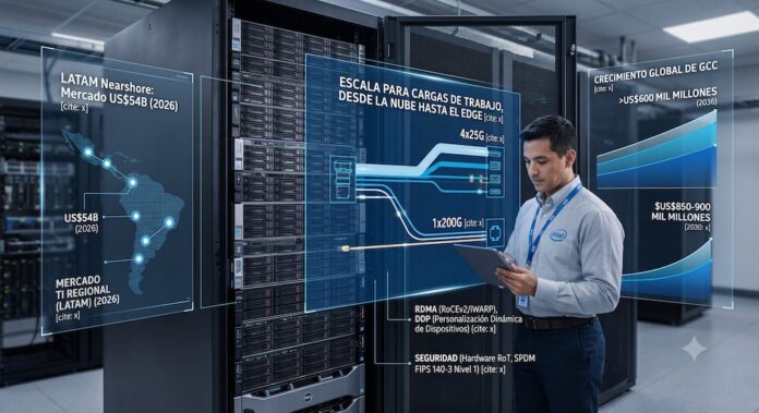 Ilustración conceptual de un centro de datos moderno que muestra a un ingeniero de telecomunicaciones de perfil de tres cuartos interactuando con una tableta frente a un rack de servidores Dell. El especialista viste una camisa formal gris claro con el logotipo de Intel en el pecho y un gafete corporativo azul. Superpuestas en el aire, se aprecian pantallas holográficas transparentes con gráficos e indicadores técnicos en color azul brillante. La pantalla izquierda muestra un mapa de América Latina titulado 