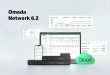Omada Network 6.2 simplifica la gestión de redes empresariales con más automatización y seguridad Gráfico publicitario sobre un fondo degradado azul claro que muestra el título "Omada Network 6.2" en letras negras a la izquierda. Al centro se ubica una computadora portátil abierta junto a un teléfono inteligente en posición vertical, ambos desplegando el panel de control (dashboard) con gráficas analíticas de rendimiento de red. Delante de la computadora se apilan tres dispositivos de hardware en rack de color negro brillante con puertos Ethernet y entradas USB. A la derecha, resalta un gráfico circular tridimensional de color verde brillante con la palabra "Cloud" inscrita en color blanco, y en la parte superior flotan ventanas flotantes adicionales con métricas de tráfico y optimización WLAN.