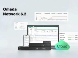 Omada Network 6.2 simplifica la gestión de redes empresariales con más automatización y seguridad Gráfico publicitario sobre un fondo degradado azul claro que muestra el título "Omada Network 6.2" en letras negras a la izquierda. Al centro se ubica una computadora portátil abierta junto a un teléfono inteligente en posición vertical, ambos desplegando el panel de control (dashboard) con gráficas analíticas de rendimiento de red. Delante de la computadora se apilan tres dispositivos de hardware en rack de color negro brillante con puertos Ethernet y entradas USB. A la derecha, resalta un gráfico circular tridimensional de color verde brillante con la palabra "Cloud" inscrita en color blanco, y en la parte superior flotan ventanas flotantes adicionales con métricas de tráfico y optimización WLAN.