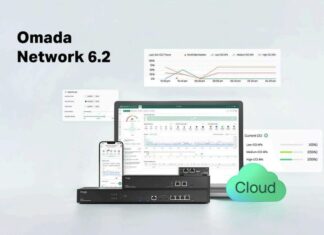 Omada Network 6.2 simplifica la gestión de redes empresariales con más automatización y seguridad Gráfico publicitario sobre un fondo degradado azul claro que muestra el título "Omada Network 6.2" en letras negras a la izquierda. Al centro se ubica una computadora portátil abierta junto a un teléfono inteligente en posición vertical, ambos desplegando el panel de control (dashboard) con gráficas analíticas de rendimiento de red. Delante de la computadora se apilan tres dispositivos de hardware en rack de color negro brillante con puertos Ethernet y entradas USB. A la derecha, resalta un gráfico circular tridimensional de color verde brillante con la palabra "Cloud" inscrita en color blanco, y en la parte superior flotan ventanas flotantes adicionales con métricas de tráfico y optimización WLAN.