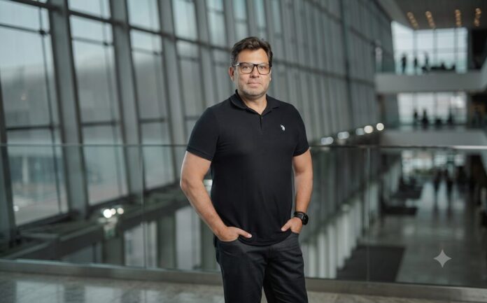 La transformación digital y la resiliencia empresarial como claves ante la revisión del T-MEC Fotografía de Ivaldo Pereira, Head de TOTVS México, posando de frente con las manos en los bolsillos dentro de un moderno edificio corporativo con amplios ventanales de cristal. El ejecutivo usa anteojos, un reloj de pulsera oscuro y viste una playera tipo polo color negro.