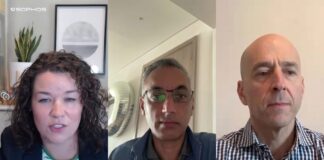 Inteligente por naturaleza: Sophos presenta su nueva suite de ciberseguridad con IA nativa Alex Rose (Expèrta), Raja Patel (Presidente) y Joe Levy (CEO de Sophos) en la videoconferencia de lanzamiento de Sophos Fusion.