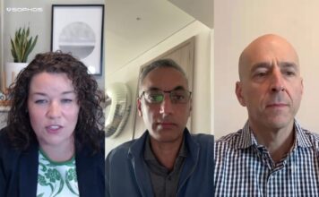 Inteligente por naturaleza: Sophos presenta su nueva suite de ciberseguridad con IA nativa Alex Rose (Expèrta), Raja Patel (Presidente) y Joe Levy (CEO de Sophos) en la videoconferencia de lanzamiento de Sophos Fusion.