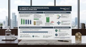 Fotografía de una infografía impresa titulada "El estado de la transformación digital en América Latina 2026" con el logotipo de ManageEngine, apoyada sobre un elegante escritorio de mármol junto a una licorera de cristal, vasos, un bolígrafo y un reloj de mesa. El panel está dividido en cuatro bloques temáticos con gráficos de barras e íconos: transformación digital en México, brecha de valor de la inteligencia artificial, impulso hacia la consolidación tecnológica y resiliencia en ciberseguridad. De fondo, se observa el ventanal de una oficina con una vista urbana desenfocada.