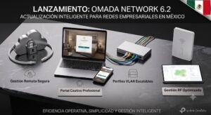 Infografía publicitaria digital sobre una mesa de color negro que muestra diversos equipos de conectividad interconectados por cables Ethernet de colores. En el centro, una computadora portátil y un teléfono inteligente muestran la interfaz de inicio de sesión de un hotel ("Sample Hotel") para ejemplificar la función "Portal Cautivo Profesional". A la izquierda, se observa una figura de nube metálica con un candado para representar la "Gestión Remota Segura". Al centro, los cables conectan un switch de red gris de TP-Link con la etiqueta "Perfiles VLAN Escalables", mientras que a la derecha se sitúan un punto de acceso inalámbrico montado en pared y una tableta digital que despliega un mapa de calor para ilustrar la "Gestión RF Optimizada". En la esquina superior derecha se incorpora la bandera de México.