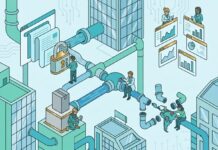 Demanda B2B en Latam: Por qué los formularios tempranos frenan tus ventas de TI Ilustración isométrica de un pipeline o tuberías de marketing tecnológico B2B con un candado que bloquea el contenido, analistas revisando métricas en pantallas y un mapa de América Latina, representando los errores estratégicos en la generación de demanda.