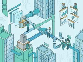 Demanda B2B en Latam: Por qué los formularios tempranos frenan tus ventas de TI Ilustración isométrica de un pipeline o tuberías de marketing tecnológico B2B con un candado que bloquea el contenido, analistas revisando métricas en pantallas y un mapa de América Latina, representando los errores estratégicos en la generación de demanda.