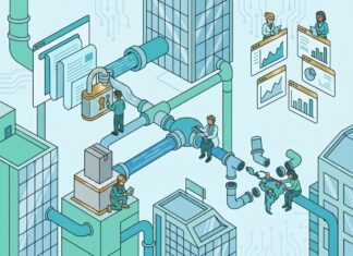 Demanda B2B en Latam: Por qué los formularios tempranos frenan tus ventas de TI Ilustración isométrica de un pipeline o tuberías de marketing tecnológico B2B con un candado que bloquea el contenido, analistas revisando métricas en pantallas y un mapa de América Latina, representando los errores estratégicos en la generación de demanda.