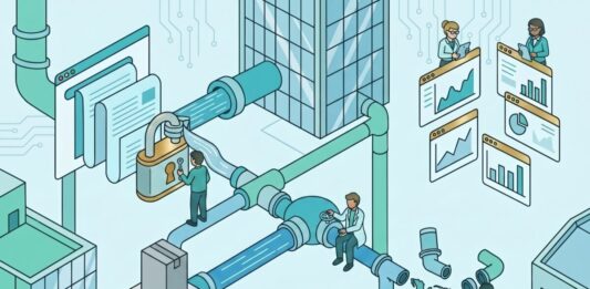 Demanda B2B en Latam: Por qué los formularios tempranos frenan tus ventas de TI Ilustración isométrica de un pipeline o tuberías de marketing tecnológico B2B con un candado que bloquea el contenido, analistas revisando métricas en pantallas y un mapa de América Latina, representando los errores estratégicos en la generación de demanda.