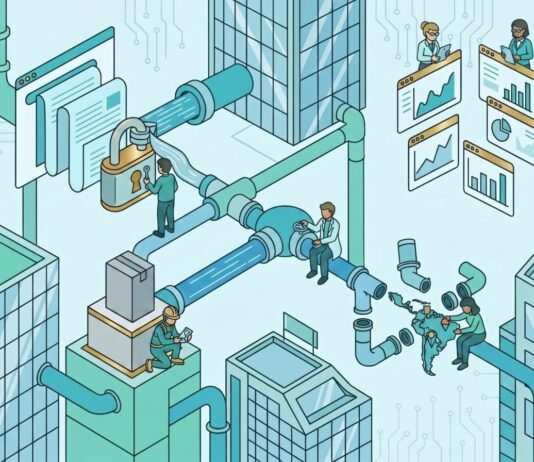 Demanda B2B en Latam: Por qué los formularios tempranos frenan tus ventas de TI Ilustración isométrica de un pipeline o tuberías de marketing tecnológico B2B con un candado que bloquea el contenido, analistas revisando métricas en pantallas y un mapa de América Latina, representando los errores estratégicos en la generación de demanda.