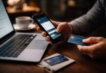 Flow: fraude digital y nuevos controles bancarios transforman la operación de los pagos en México Fotografía en plano detalle que captura las manos de un usuario realizando una transacción en línea sobre un escritorio de madera oscura. Con la mano izquierda sostiene un teléfono inteligente que muestra la aplicación de banca digital con campos de verificación de transferencia en la pantalla, mientras que con la mano derecha sostiene una tarjeta de crédito plástica de color azul con chip electrónico dorado orientado hacia el frente. A la izquierda, una computadora portátil permanece abierta mostrando un formulario web de pago, y en primer plano sobre la mesa descansa una pequeña libreta con otra tarjeta bancaria encima, todo bajo una iluminación cálida y desenfocada.