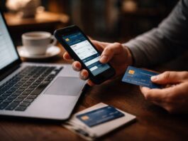 Flow: fraude digital y nuevos controles bancarios transforman la operación de los pagos en México Fotografía en plano detalle que captura las manos de un usuario realizando una transacción en línea sobre un escritorio de madera oscura. Con la mano izquierda sostiene un teléfono inteligente que muestra la aplicación de banca digital con campos de verificación de transferencia en la pantalla, mientras que con la mano derecha sostiene una tarjeta de crédito plástica de color azul con chip electrónico dorado orientado hacia el frente. A la izquierda, una computadora portátil permanece abierta mostrando un formulario web de pago, y en primer plano sobre la mesa descansa una pequeña libreta con otra tarjeta bancaria encima, todo bajo una iluminación cálida y desenfocada.