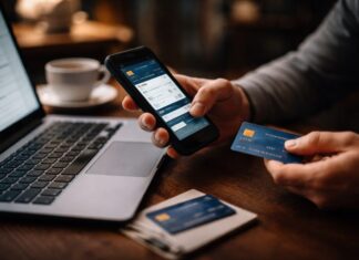 Flow: fraude digital y nuevos controles bancarios transforman la operación de los pagos en México Fotografía en plano detalle que captura las manos de un usuario realizando una transacción en línea sobre un escritorio de madera oscura. Con la mano izquierda sostiene un teléfono inteligente que muestra la aplicación de banca digital con campos de verificación de transferencia en la pantalla, mientras que con la mano derecha sostiene una tarjeta de crédito plástica de color azul con chip electrónico dorado orientado hacia el frente. A la izquierda, una computadora portátil permanece abierta mostrando un formulario web de pago, y en primer plano sobre la mesa descansa una pequeña libreta con otra tarjeta bancaria encima, todo bajo una iluminación cálida y desenfocada.