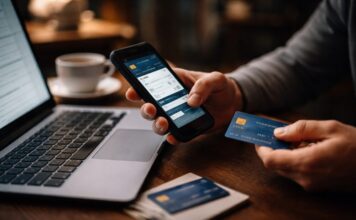 Flow: fraude digital y nuevos controles bancarios transforman la operación de los pagos en México Fotografía en plano detalle que captura las manos de un usuario realizando una transacción en línea sobre un escritorio de madera oscura. Con la mano izquierda sostiene un teléfono inteligente que muestra la aplicación de banca digital con campos de verificación de transferencia en la pantalla, mientras que con la mano derecha sostiene una tarjeta de crédito plástica de color azul con chip electrónico dorado orientado hacia el frente. A la izquierda, una computadora portátil permanece abierta mostrando un formulario web de pago, y en primer plano sobre la mesa descansa una pequeña libreta con otra tarjeta bancaria encima, todo bajo una iluminación cálida y desenfocada.