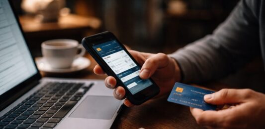 Flow: fraude digital y nuevos controles bancarios transforman la operación de los pagos en México Fotografía en plano detalle que captura las manos de un usuario realizando una transacción en línea sobre un escritorio de madera oscura. Con la mano izquierda sostiene un teléfono inteligente que muestra la aplicación de banca digital con campos de verificación de transferencia en la pantalla, mientras que con la mano derecha sostiene una tarjeta de crédito plástica de color azul con chip electrónico dorado orientado hacia el frente. A la izquierda, una computadora portátil permanece abierta mostrando un formulario web de pago, y en primer plano sobre la mesa descansa una pequeña libreta con otra tarjeta bancaria encima, todo bajo una iluminación cálida y desenfocada.