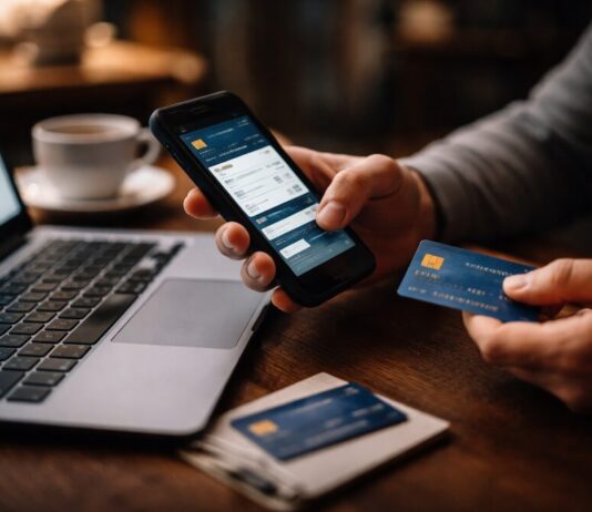 Flow: fraude digital y nuevos controles bancarios transforman la operación de los pagos en México Fotografía en plano detalle que captura las manos de un usuario realizando una transacción en línea sobre un escritorio de madera oscura. Con la mano izquierda sostiene un teléfono inteligente que muestra la aplicación de banca digital con campos de verificación de transferencia en la pantalla, mientras que con la mano derecha sostiene una tarjeta de crédito plástica de color azul con chip electrónico dorado orientado hacia el frente. A la izquierda, una computadora portátil permanece abierta mostrando un formulario web de pago, y en primer plano sobre la mesa descansa una pequeña libreta con otra tarjeta bancaria encima, todo bajo una iluminación cálida y desenfocada.