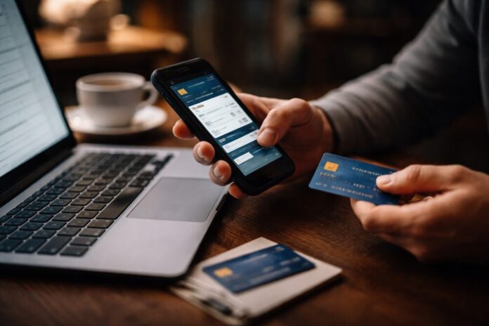 Validación de transacciones de comercio electrónico y establecimiento de límites operativos en banca por internet Fotografía en plano detalle que captura las manos de un usuario realizando una transacción en línea sobre un escritorio de madera oscura. Con la mano izquierda sostiene un teléfono inteligente que muestra la aplicación de banca digital con campos de verificación de transferencia en la pantalla, mientras que con la mano derecha sostiene una tarjeta de crédito plástica de color azul con chip electrónico dorado orientado hacia el frente. A la izquierda, una computadora portátil permanece abierta mostrando un formulario web de pago, y en primer plano sobre la mesa descansa una pequeña libreta con otra tarjeta bancaria encima, todo bajo una iluminación cálida y desenfocada.