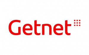 Logotipo de la marca Getnet en color rojo, acompañado del lado derecho por un isotipo compuesto de nueve cuadrados rojos pequeños organizados en una cuadrícula de tres por tres, todo sobre un fondo blanco.