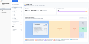 Interfaz del módulo de inventario de Netskope DataSec Command Center enfocada en Google Drive, mostrando métricas de almacenamiento, identidades con acceso y un mapa interactivo de distribución de datos sensibles por categoría.