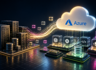 Baufest fortalece su posición en modernización de aplicaciones con Microsoft Azure Ilustración conceptual en 3D que muestra servidores tradicionales oscuros etiquetados como "Legacy Systems", de los cuales emergen flujos de datos luminosos que se conectan hacia una nube brillante con el logotipo de Azure. Debajo de esta nube, se observan bloques cúbicos transparentes e iluminados con diversos iconos tecnológicos, representando la nueva arquitectura digital.