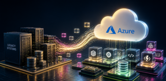 Baufest fortalece su posición en modernización de aplicaciones con Microsoft Azure Ilustración conceptual en 3D que muestra servidores tradicionales oscuros etiquetados como "Legacy Systems", de los cuales emergen flujos de datos luminosos que se conectan hacia una nube brillante con el logotipo de Azure. Debajo de esta nube, se observan bloques cúbicos transparentes e iluminados con diversos iconos tecnológicos, representando la nueva arquitectura digital.