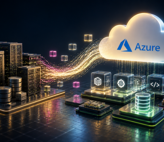Baufest fortalece su posición en modernización de aplicaciones con Microsoft Azure Ilustración conceptual en 3D que muestra servidores tradicionales oscuros etiquetados como "Legacy Systems", de los cuales emergen flujos de datos luminosos que se conectan hacia una nube brillante con el logotipo de Azure. Debajo de esta nube, se observan bloques cúbicos transparentes e iluminados con diversos iconos tecnológicos, representando la nueva arquitectura digital.