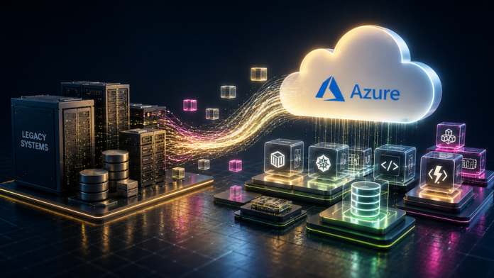 Baufest consolida su liderazgo tecnológico con la especialización en Microsoft Azure Ilustración conceptual en 3D que muestra servidores tradicionales oscuros etiquetados como