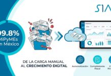 SIACWEB: MiPyMEs en México enfrentan el costo invisible de una gestión administrativa manual Infografía de SIAC que ilustra el proceso de digitalización empresarial sobre un fondo claro. A la izquierda, un gran círculo azul destaca el texto "99.8% MiPyMEs en México". En el centro, una ilustración muestra una carpeta desbordada de facturas desordenadas y en papel, la cual transiciona mediante flechas hacia una nube digital y finalmente hacia una tableta que despliega un moderno panel de control con gráficas estadísticas. En la parte inferior se lee el lema "DE LA CARGA MANUAL AL CRECIMIENTO DIGITAL", acompañado de tres íconos circulares etiquetados como Automatización, Cumplimiento Fiscal y Control Financiero.