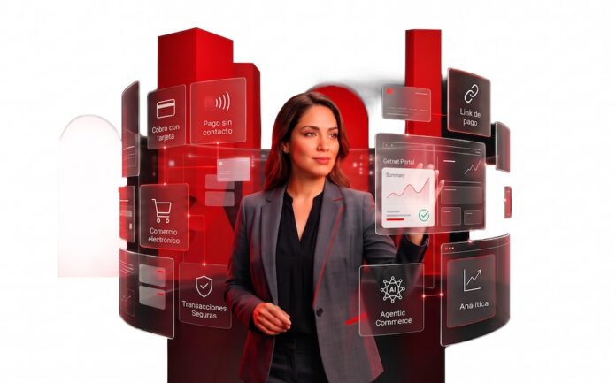 El futuro de la adquirencia. Más allá del punto de venta Fotografía de una mujer con traje sastre gris interactuando con una interfaz holográfica que despliega paneles interactivos con opciones como