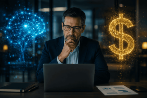 Ilustración digital que muestra a un ejecutivo con expresión reflexiva mirando la pantalla de su computadora portátil. A su izquierda se proyecta la imagen holográfica de un cerebro azul interconectado, mientras que a su derecha brilla intensamente un símbolo de dólar formado por partículas doradas.
