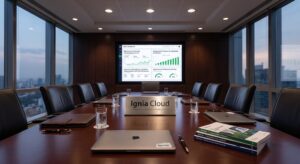 Fotografía de una elegante sala de juntas corporativa vacía. En el centro de la mesa de madera destaca una placa metálica con la inscripción "Ignia Cloud - Infraestructura de Nube de Alto Rendimiento", rodeada por computadoras portátiles y reportes impresos de la industria. Al fondo, una gran pantalla exhibe un panel de control analítico sobre "AIOps", mostrando gráficas de monitoreo y optimización.