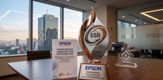 Epson México reafirma su compromiso con la sostenibilidad con el Distintivo ESR 2026 Fotografía de un premio metálico con el logotipo ESR y la inscripción CEMEFI sobre una mesa de juntas de madera. En la base del galardón se lee "EPSON MÉXICO RECEPTOR DESTACADO DEL DISTINTIVO ESR 2026". A su lado hay un folleto con el título "Epson México: Liderando con sostenibilidad" y un bloque de cristal decorativo. Al fondo, a través del amplio ventanal de la oficina, se aprecia la silueta del edificio del World Trade Center en la Ciudad de México durante el atardecer.