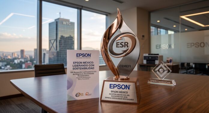 Seis años consecutivos de compromiso. Epson es galardonada con el Distintivo ESR 2026 Fotografía de un premio metálico con el logotipo ESR y la inscripción CEMEFI sobre una mesa de juntas de madera. En la base del galardón se lee