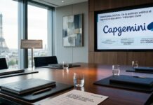 Capgemini revela que las empresas priorizan la resiliencia sobre la independencia digital Fotografía de una sala de juntas ejecutiva en París con vista panorámica a la Torre Eiffel a través de un gran ventanal. Sobre la mesa de madera pulida descansan carpetas corporativas de Capgemini, vasos con agua y un documento titulado "Reunión Estratégica del Consejo Directivo: Soberanía Digital". Al fondo, una pantalla plana proyecta una presentación con los hallazgos clave del estudio sobre soberanía digital, resiliencia operativa e interdependencia resiliente.