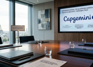 Capgemini revela que las empresas priorizan la resiliencia sobre la independencia digital Fotografía de una sala de juntas ejecutiva en París con vista panorámica a la Torre Eiffel a través de un gran ventanal. Sobre la mesa de madera pulida descansan carpetas corporativas de Capgemini, vasos con agua y un documento titulado "Reunión Estratégica del Consejo Directivo: Soberanía Digital". Al fondo, una pantalla plana proyecta una presentación con los hallazgos clave del estudio sobre soberanía digital, resiliencia operativa e interdependencia resiliente.