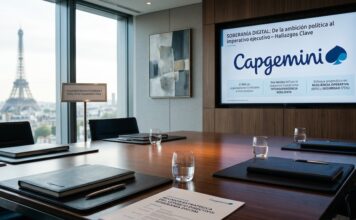Capgemini revela que las empresas priorizan la resiliencia sobre la independencia digital Fotografía de una sala de juntas ejecutiva en París con vista panorámica a la Torre Eiffel a través de un gran ventanal. Sobre la mesa de madera pulida descansan carpetas corporativas de Capgemini, vasos con agua y un documento titulado "Reunión Estratégica del Consejo Directivo: Soberanía Digital". Al fondo, una pantalla plana proyecta una presentación con los hallazgos clave del estudio sobre soberanía digital, resiliencia operativa e interdependencia resiliente.