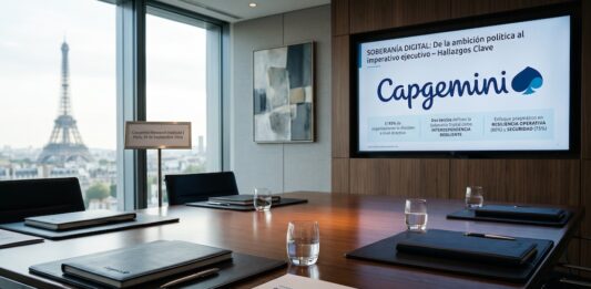 Capgemini revela que las empresas priorizan la resiliencia sobre la independencia digital Fotografía de una sala de juntas ejecutiva en París con vista panorámica a la Torre Eiffel a través de un gran ventanal. Sobre la mesa de madera pulida descansan carpetas corporativas de Capgemini, vasos con agua y un documento titulado "Reunión Estratégica del Consejo Directivo: Soberanía Digital". Al fondo, una pantalla plana proyecta una presentación con los hallazgos clave del estudio sobre soberanía digital, resiliencia operativa e interdependencia resiliente.