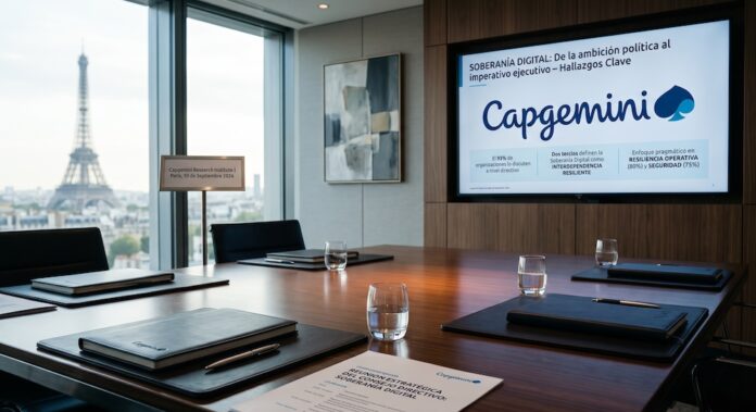 Capgemini Research Institute presenta el informe sobre soberanía digital y resiliencia tecnológica empresarial Fotografía de una sala de juntas ejecutiva en París con vista panorámica a la Torre Eiffel a través de un gran ventanal. Sobre la mesa de madera pulida descansan carpetas corporativas de Capgemini, vasos con agua y un documento titulado