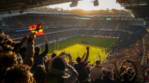 Fotografía de un gran estadio lleno de aficionados durante un partido en una tarde soleada, con espectadores animando, tomando fotos con sus celulares y levantando banderas desde las gradas.