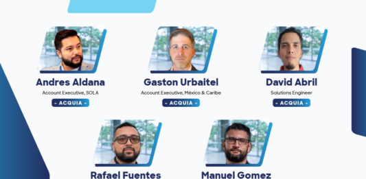 IA a escala e identidad de marca: la estrategia de Acquia y EAFIT para gestionar activos Caso de éxito de EAFIT con Acquia DAM, con Andrés Aldana, Gastón Urbitel y David Abril (Acquia), Rafael Fuentes (Julius C2G), y Manuel Gómez (EAFIT).