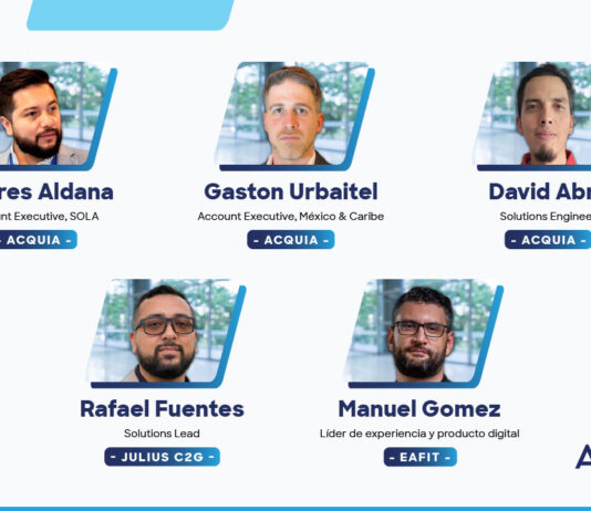 IA a escala e identidad de marca: la estrategia de Acquia y EAFIT para gestionar activos Caso de éxito de EAFIT con Acquia DAM, con Andrés Aldana, Gastón Urbitel y David Abril (Acquia), Rafael Fuentes (Julius C2G), y Manuel Gómez (EAFIT).