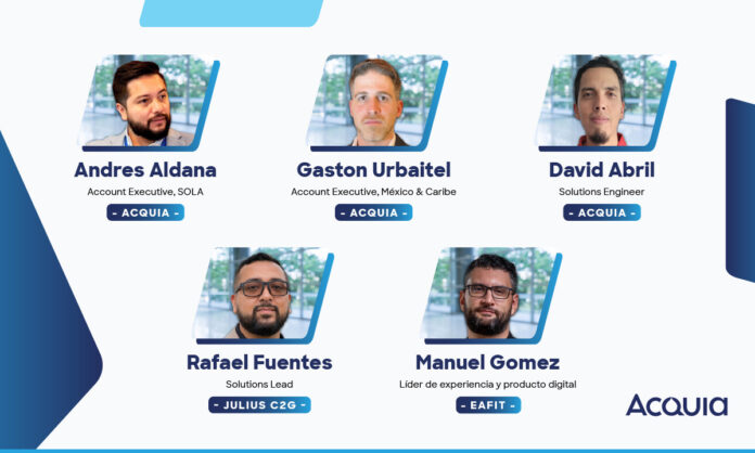 Caso de éxito de EAFIT con Acquia DAM, con Andrés Aldana, Gastón Urbitel y David Abril (Acquia), Rafael Fuentes (Julius C2G), y Manuel Gómez (EAFIT). Caso de éxito de EAFIT con Acquia DAM, con Andrés Aldana, Gastón Urbitel y David Abril (Acquia), Rafael Fuentes (Julius C2G), y Manuel Gómez (EAFIT).