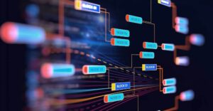 Gráfico digital que ilustra una red de arquitectura de datos con nodos interconectados mediante líneas brillantes sobre un fondo oscuro. Los bloques etiquetados como "NODE" y "BLOCK" representan el flujo de información y la estructura de un plano de control unificado.