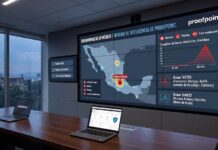 Proofpoint alerta: Ciberdelincuentes intensifican ataques masivos por correo en México Fotografía de una sala de monitoreo de ciberseguridad con una gran pantalla mural interactiva que exhibe el logotipo de Proofpoint y un mapa de calor de México identificando amenazas de ciberataques. En la pantalla se muestran gráficos de barras de volumen de malware durante julio y agosto de 2026, junto a los nombres de los grupos TA2725 y TA4922. Sobre la mesa de juntas reposan laptops con tableros de control de seguridad abiertos.