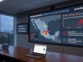 Proofpoint alerta: Ciberdelincuentes intensifican ataques masivos por correo en México Fotografía de una sala de monitoreo de ciberseguridad con una gran pantalla mural interactiva que exhibe el logotipo de Proofpoint y un mapa de calor de México identificando amenazas de ciberataques. En la pantalla se muestran gráficos de barras de volumen de malware durante julio y agosto de 2026, junto a los nombres de los grupos TA2725 y TA4922. Sobre la mesa de juntas reposan laptops con tableros de control de seguridad abiertos.