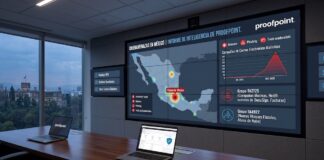 Proofpoint alerta: Ciberdelincuentes intensifican ataques masivos por correo en México Fotografía de una sala de monitoreo de ciberseguridad con una gran pantalla mural interactiva que exhibe el logotipo de Proofpoint y un mapa de calor de México identificando amenazas de ciberataques. En la pantalla se muestran gráficos de barras de volumen de malware durante julio y agosto de 2026, junto a los nombres de los grupos TA2725 y TA4922. Sobre la mesa de juntas reposan laptops con tableros de control de seguridad abiertos.